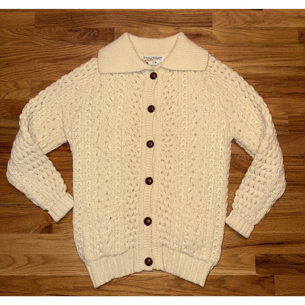 VTG Homes of Donegal 100% Irish Cable Knit Wool Cardigan Sweater Cream Med/Lg - Picture 1 of 9